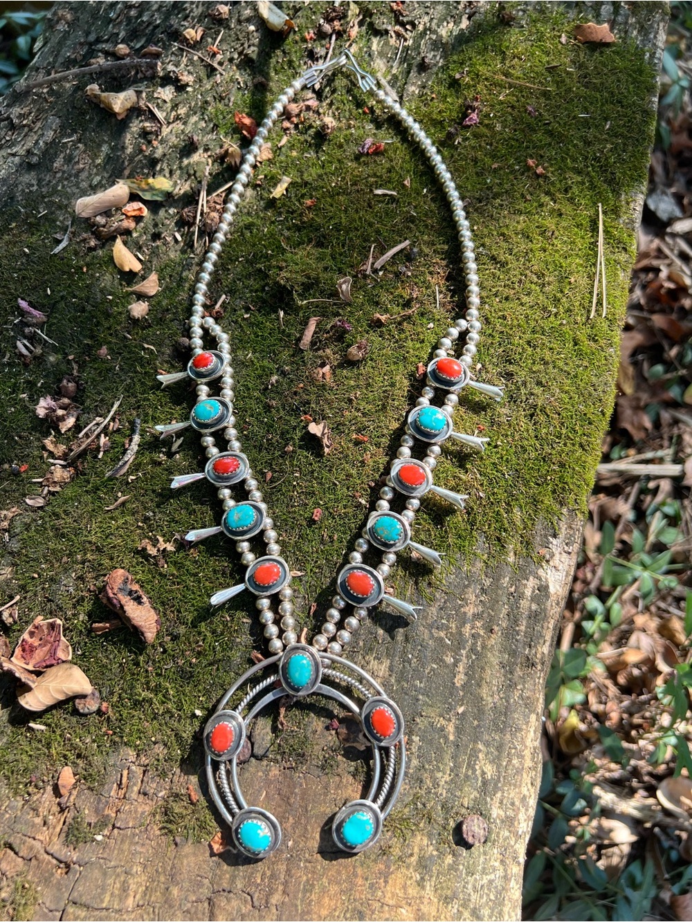 Sterling Turquoise Coral Squash Blossom Naja Necklace